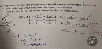 0] A 4 kg mass in free space (no gravity) is seen moving with a constant acceleration of 2 m/s² in the
+j direction because of four forces, three of which are known and shown.
Using Fnet = F1+F2 + F3 = ma, find the unknown force F4 in unit vector notation.
+y
|F1 = 10
F123 = -15
F4=15
60°
F2
(
+X
F₁=5
F₂ = -10
F3 =
0
F₁+√₂+f3+fu=8
*15
78-Fy
i+ 8.66
i+
0
i+
-10
Fu = -7
Fnet
_i+ -1.34;
11+ 1.34 COE
i+
-10
(0