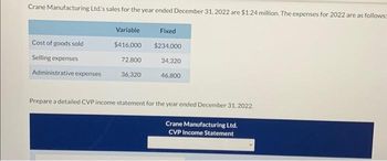 Crane Manufacturing Ltd's sales for the year ended December 31, 2022 are $1.24 million. The expenses for 2022 are as follows:
Cost of goods sold
Selling expenses
Variable
Fixed
$416,000 $234.000
34,320
46,800
72,800
Administrative expenses 36,320
Prepare a detailed CVP income statement for the year ended December 31, 2022.
Crane Manufacturing Ltd.
CVP Income Statement