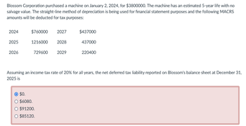 Blossom Corporation purchased a machine on January 2, 2024, for $3800000. The machine has an estimated 5-year life with no
salvage value. The straight-line method of depreciation is being used for financial statement purposes and the following MACRS
amounts will be deducted for tax purposes:
2024
2025
2026
$760000 2027
1216000
729600
2028
$0.
$6080.
$91200.
O $85120.
2029
$437000
437000
220400
Assuming an income tax rate of 20% for all years, the net deferred tax liability reported on Blossom's balance sheet at December 31,
2025 is