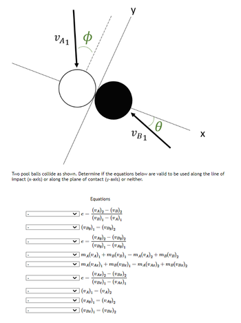 VAI
e =
(VBy)₁ = (VBy)₂
e=
Two pool balls collide as shown. Determine if the equations below are valid to be used along the line of
impact (x-axis) or along the plane of contact (y-axis) or neither.
Equations
(VA)2 – (UB)₂
(VB)₁- (VA)₁
e =
("Ay)2 − (UBy)2
(UBy) − (PAy)1
y
(VAZ) 2 - (VBZ) 2
(UBI)₁- (UAZ)1
VB1
|MÂ(VA)₁ +MB(VB)₁ = M₁(VA)₂ +MB(VB)₂
]MA(VAz)₁ +MB(VBr)₁ = MA(VAz)₂ +mB(VBr)2
(VA)₁ = (v₁)₂
| (VAY)₁ = (VAY)₂
(VBz)1 = (UBz)2
20
X