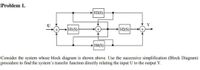 Problem 1.
H3(S)
Y
HI(S)
H2(S)
+
H4(S)
Consider the system whose block diagram is shown above. Use the successive simplification (Block Diagram)
procedure to find the system's transfer function directly relating the input U to the output Y.
