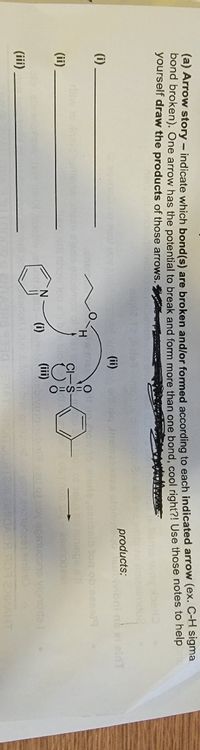 (a) Arrow story – indicate which bond(s) are broken and/or formed according to each indicated arrow (ex. C-H sigma
bond broken). One arrow has the potential to break and form more than one bond, cool right?! Use those notes to help
yourself draw the products of those arrows. P
products:
(ii)
ivibni n el einT
(i)
eher
Selb ton ob pasol9
H.
(ii)
2sanogae
(i)
(iii)
pcone vipnote
(iii)
