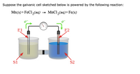 Suppose the galvanic cell sketched below is powered by the following reaction:
Mn(s)+ FeCl,(aq) → MnCl,(aq)+Fe(s)
e-
E1
E2
S1
S2
