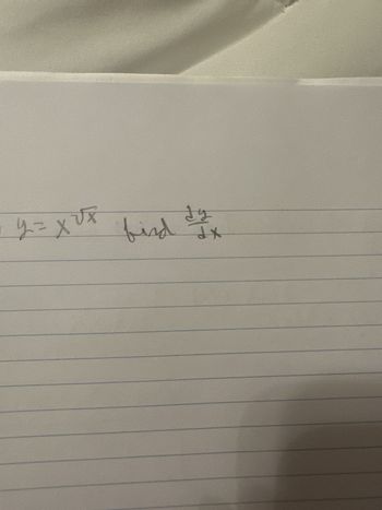 **Problem:**

Given the function \( y = x \sqrt{x} \), find \( \frac{dy}{dx} \).

---

**Solution:**

To find the derivative of the function \( y = x \sqrt{x} \), we will apply the product rule and the chain rule of differentiation.

1. **Rewrite the function in exponent form:**

   \[
   y = x \cdot x^{1/2} = x^{1 + \frac{1}{2}} = x^{3/2}
   \]

2. **Differentiate using the power rule:**

   The power rule states that if \( y = x^n \), then \( \frac{dy}{dx} = n x^{n-1} \).

   \[
   y = x^{3/2}
   \]

   Using the power rule:

   \[
   \frac{dy}{dx} = \frac{3}{2} x^{\frac{3}{2} - 1} = \frac{3}{2} x^{\frac{1}{2}} = \frac{3}{2} \sqrt{x}
   \]

Thus, the derivative of \( y = x \sqrt{x} \) is:

\[
\frac{dy}{dx} = \frac{3}{2} \sqrt{x}
\]