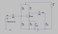 VCC
16
R1
68k
RC
1k
C2
Vout
C1
100µ
Q1
2N3904
Vin
100µ
Vs
SINE(0 10m 1k)
R2
RE
C3
RL
16k
750
6.2k
100µ
.op
