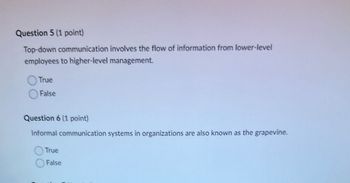 Question 5 (1 point)
Top-down communication involves the flow of information from lower-level
employees to higher-level management.
True
False
Question 6 (1 point)
Informal communication systems in organizations are also known as the grapevine.
True
False