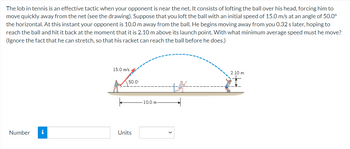 The lob in tennis is an effective tactic when your opponent is near the net. It consists of lofting the ball over his head, forcing him to
move quickly away from the net (see the drawing). Suppose that you loft the ball with an initial speed of 15.0 m/s at an angle of 50.0⁰
the horizontal. At this instant your opponent is 10.0 m away from the ball. He begins moving away from you 0.32 s later, hoping to
reach the ball and hit it back at the moment that it is 2.10 m above its launch point. With what minimum average speed must he move?
(Ignore the fact that he can stretch, so that his racket can reach the ball before he does.)
Number
15.0 m/s
50.0°
Units
10.0 m
2.10 m