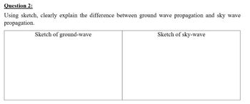 Question 2:
Using sketch, clearly explain the difference between ground wave propagation and sky wave
propagation.
Sketch of ground-wave
Sketch of sky-wave