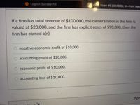 Logout Successful
Quiz Exam #2 (GRADED; 84-Point Max
If a firm has total revenue of $100,000, the owner's labor in the firm is
valued at $20,000, and the firm has explicit costs of $90,000, then the
firm has earned a(n)
negative economic profit of $10,000
O accounting profit of $20,000.
economic profit of $10,000.
O accounting loss of $10,000.
3 pt
