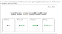 At any moment in time, the object can be stationary, moving to the right, moving to the left, or turning around. Identify the motion
of the object at each time provided.
Reset
Help
t = 16 s
t = 2.0 s
t = 4.0 s
t = 9.0 s
t = 14 s
t = 11 s
Stationary
Moving right
Moving left
Turning
V=0
