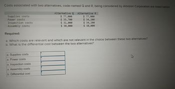 Costs associated with two alternatives, code-named Q and R, being considered by Albiston Corporation are listed below
Alternative Q Alternative R
$ 77,000
$ 35,700
$ 31,000
$ 38,000
Supplies costs
Power costs
Inspection costs
Assembly costs
Required:
a. Which costs are relevant and which are not relevant in the choice between these two alternatives?
b. What is the differential cost between the two alternatives?
a. Supplies costs
a. Power costs
$ 77,000
$ 34,200
$ 34,200
$ 38,000
a. Inspection costs
a. Assembly costs
b. Differential cost