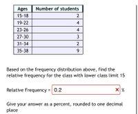 Ages
Number of students
15-18
2
19-22
4
23-26
4
27-30
3
31-34
35-38
9.
Based on the frequency distribution above, find the
relative frequency for the class with lower class limit 15
Relative Frequency = 0.2
Give your answer as a percent, rounded to one decimal
place

