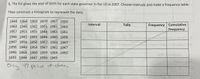 1. The list gives the year of birth for each state governor in the US in 2007. Choose intervals and make a frequency table.
fest tali?
Then construct a histogram to represent the data.
1944 1956 1952 1970 1957 1950
Frequency Cumulative
Frequency
1964 1946 1942 1955 1941 1960
Interval
Tally
1957 1953 1955 1948 1963 1951
1946 1942 1963 1944 1940 1958
1947 1956 1956 1957 1944 1947
1956 1949 1954 1947 1942 1947
1946 1966 1960 1959 1954 1950
1935 1948 1947 1950 1943
Only 47 peices of data,
