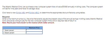 The Atlantic Medical Clinic can purchase a new computer system that will save $7,000 annually in billing costs. The computer system
will last for nine years and have no salvage value.
Click here to view Exhibit 14B-1 and Exhibit 14B-2 to determine the appropriate discount factor(s) using tables.
Required:
What is the maximum price (l.e., the price that exactly equals the present value of the annual savings in billing costs) Atlantic Medical
Clinic should be willing to pay for the new computer system if the clinic's required rate of return is:
Note: Round your final answer to the nearest whole dollar amount.
Maximum Price
1. Seven percent
2. Eleven percent