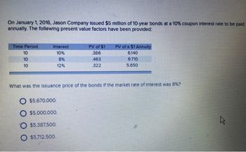 On January 1, 2016, Jason Company Issued $5 million of 10-year bonds at a 10% coupon Interest rate to be paid
annually. The following present value factors have been provided:
Time Period
10
10
10
Interest
10%
8%
12%
O $5,670,000.
O $5,000,000.
O $5.387,500.
O $5,712,500.
PV of $1
386
463
322
PV of a $1 Annuity
6.140
6.710
5.650
What was the Issuance price of the bonds if the market rate of Interest was 8%?
4