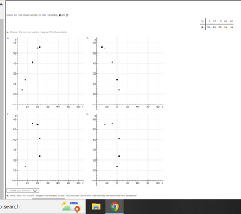 Given are five observations for two variables, and y.
a. Choose the correct scatter diagram for these data:
10-
-40
10+
10
O search
10
20
20
30
3⁰0
40
40
50
-50
-40-
-90
-20
-10-
50
-40-
-90-
-20
10-
10
10
20
20
30
30
to
40
-Select your answer.
b. What does the scatter diagram developed in part (a) indicate about the relationship between the two variables?
50
2,
M
5 15
56 41
8 22 20
55 14