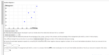 Scatter diagram c
%Management
60
50
-40
30
20
-10
10
20
30
40
50
60%Working
Select your answer - V
b. What does the scatter diagram developed in part (a) indicate about the relationship between the two variables?
- Select your answer -
c. Try to approximate the relationship between the percentage of the women working in the company and the percetage of the management jobs held by women in that company.
Many different straight lines can be drawn provide a - Select your answer
approximation of the relationship between x and y.
d. Develop the estimated regression equation by computing the values bo and b₁. Enter negative values as negative numbers. Do not round intermediate calculations. Round your answers to one
decimal place.
e. Predict the percentage of management jobs held by women in a company that has 60% women employees. Do not round intermediate calculations. Round your answers to nearest whole value.
%