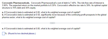 Corcovado Pharmaceuticals. Corcovado Pharmaceutical's cost of debt is 7.40%. The risk-free rate of interest is
3.90%. The expected return on the market portfolio is 8.30%. Corcovado's effective tax rate is 39%. Its optimal capital
structure is 70% debt and 30% equity.
a. If Corcovado's beta is estimated at 0.80, what is its weighted average cost of capital?
b. If Corcovado's beta is estimated at 0.50, significantly lower because of the continuing profit prospects in the global
pharma sector, what is its weighted average cost of capital?
a. If Corcovado's beta is estimated at 0.80, what is its weighted average cost of capital?
% (Round to two decimal places.)