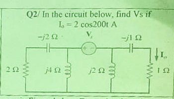 ΣΩ
Q2/ In the circuit below. find Vs if
I = 2 cos2001 A
ΤΩ
ΤΩ
ΠΩ 3
-ΤΩ
ww
ΤΩ