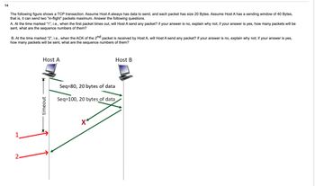 The following figure shows a TCP transaction. Assume Host A always has data to send, and each packet has size 20 Bytes. Assume Host A has a sending window of 40 Bytes, that is, it can send two “in-flight” packets maximum. Answer the following questions. 

A. At the time marked “1”, i.e., when the first packet times out, will Host A send any packet? If your answer is no, explain why not; if your answer is yes, how many packets will be sent, what are the sequence numbers of them?

B. At the time marked “2”, i.e., when the ACK of the 2ⁿᵈ packet is received by Host A, will Host A send any packet? If your answer is no, explain why not; if your answer is yes, how many packets will be sent, what are the sequence numbers of them?

### Diagram Description

The diagram illustrates a TCP transaction between two hosts: Host A and Host B. 

- Host A sends two packets to Host B:
  - The first packet has the sequence number 80 and contains 20 bytes of data.
  - The second packet has the sequence number 100 and also contains 20 bytes of data.

- A timeout occurs, marked as "1" in red, which means that the first packet did not receive an acknowledgment (ACK) within the expected time.

- The second packet is successfully received by Host B, and an ACK is sent back to Host A, marked as "2" in red.

- The diagram includes a red "X" indicating a lost packet or communication failure for the packet with sequence number 80.

Overall, the diagram is used to explain when Host A will decide to resend packets or send new packets based on the ACKs and timeouts it experiences during the TCP transaction.