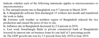 Indicate whether each of the following statements applies to microeconomics or
macroeconomics:
i. The unemployment rate in Bangladesh was 9.7 percent in March 2019.
ii. A Bangladeshi software firm discharged 15 workers last month and transferred
the work to India.
iii. Extreme cold weather in northern region of Bangladesh reduced the rice
production and caused the price of rice to rise.
iv. Inflation rate in Bangladesh decreased by 2.4 percent in 2018.
v. Last week Sonarbangla Bank (a private commercial bank of Bangladesh)
lowered its interest rate on business loans by one-half of 1 percentage point.
vi. The GDP growth rate rose by 3.5 percent from July 2018 to June 2019.
