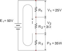 R1
V1 = 25V
E1= 50V
%3D
V2
R2=32
R3 P3 = 35W
%3D
