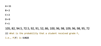 A = 11
B = 2
C = 2
D = 0
F = 1
105, 82, 94.5, 72.5, 92, 91, 52, 86, 100, 96, 98, 109, 96, 98, 95, 72
22) What is the probability that a student received grade F,
i.e., P(F) is 0.0625
