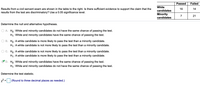 Passed
Failed
White
Results from a civil servant exam are shown in the table to the right. Is there sufficient evidence to support the claim that the
results from the test are discriminatory? Use a 0.05 significance level.
16
14
candidates
Minority
candidates
7
21
Determine the null and alternative hypotheses.
O A. Ho: White and minority candidates do not have the same chance of passing the test.
H4: White and minority candidates have the same chance of passing the test.
B. Ho: A white candidate is more likely to pass the test than a minority candidate.
H,:A white candidate is not more likely to pass the test than a minority candidate.
Ho: A white candidate is not more likely to pass the test than a minority candidate.
H,: A white candidate is more likely to pass the test than a minority candidate.
D. Ho: White and minority candidates have the same chance of passing the test.
H,: White and minority candidates do not have the same chance of passing the test.
Determine the test statistic.
x2 = (Round to three decimal places as needed.)
