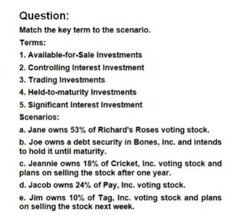 Question:
Match the key term to the scenario.
Terms:
1. Available-for-Sale Investments
2. Controlling Interest Investment
3. Trading Investments
4. Held-to-maturity Investments
5. Significant Interest Investment
Scenarios:
a. Jane owns 53% of Richard's Roses voting stock.
b. Joe owns a debt security in Bones, Inc. and intends
to hold it until maturity.
c. Jeannie owns 18% of Cricket, Inc. voting stock and
plans on selling the stock after one year.
d. Jacob owns 24% of Pay, Inc. voting stock.
e. Jim owns 10% of Tag, Inc. voting stock and plans
on selling the stock next week.