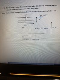 4 For the square Footing shown in the figure below Calculate net allowable bearing
capacity of the foundation shown in the figure below.
Note: The foundation is square footing with width of (4 m). (asSume a safety factor = 3.0)
GWT
1.5 m
4.0m
Sand
2.0 m
0-35°, yeet=17.5kN/m²,
Clay
c=50 kN/m², y:at=18.5 kN/m2,
50x 11.00 in
