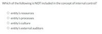 Which of the following is NOT included in the concept of internal control?
O entity's resources
O entity's processes
O entity's culture
O entity's external auditors
