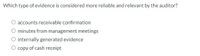 Which type of evidence is considered more reliable and relevant by the auditor?
accounts receivable confirmation
O minutes from management meetings
O internally generated evidence
O copy of cash receipt
