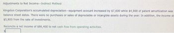 Adjustments to Net Income-Indirect Method
Kingston Corporation's accumulated depreciation-equipment account increased by $7,600 while $4,900 of patent amortization was
balance sheet dates. There were no purchases or sales of depreciable or intangible assets during the year. In addition, the income st
$5,800 from the sale of investments.
Reconcile a net income of $86,400 to net cash flow from operating activities.