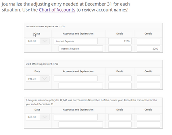 Journalize the adjusting entry needed at December 31 for each
situation. Use the Chart of Accounts to review account names!
Incurred interest expense of $1,100
Dec. 31
ate
Used office supplies of $1,700
Date
Dec. 31
Date
Dec. 31
Accounts and Explanation
Interest Expense
Interest Payable
Accounts and Explanation
Debit
Accounts and Explanation
Debit
2200
A two year insurance policy for $2,640 was purchased on November 1 of the current year. Record the transaction for the
year ended December 31.
Debit
Credit
Credit
2200
Credit