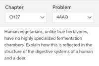 Chapter
Problem
CH27
4AAQ
Human vegetarians, unlike true herbivores,
have no highly specialized fermentation
chambers. Explain how this is reflected in the
structure of the digestive systems of a human
and a deer.
>
