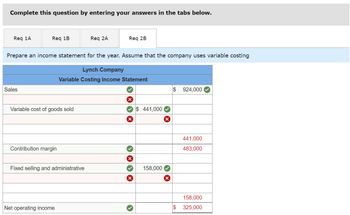 Complete this question by entering your answers in the tabs below.
Req 1A
Req 1B
Sales
Prepare an income statement for the year. Assume that the company uses variable costing
Lynch Company
Variable Costing Income Statement
Variable cost of goods sold
Contribution margin
Fixed selling and administrative
Req 2A
Net operating income
Req 2B
X
✓$ 441,000
X
* «* «
X
X
>>
158,000
X
$ 924,000
441,000
483,000
158,000
$325,000