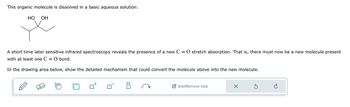 This organic molecule is dissolved in a basic aqueous solution:
HO
OH
A short time later sensitive infrared spectroscopy reveals the presence of a new C = O stretch absorption. That is, there must now be a new molecule present
with at least one C = O bond.
In the drawing area below, show the detailed mechanism that could convert the molecule above into the new molecule.
Add/Remove step
☑