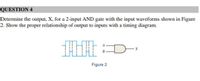 QUESTION 4
Determine the output, X, for a 2-input AND gate with the input waveforms shown in Figure
2. Show the proper relationship of output to inputs with a timing diagram.
Figure 2
