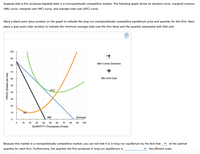 Suppose that a firm produces baseball bats in a monopolistically competitive market. The following graph shows its demand curve, marginal revenue (MR) curve, marginal cost (MC) curve, and average total cost (ATC) curve.

**Instructions:**

- Place a black point (plus symbol) on the graph to indicate the long-run monopolistically competitive equilibrium price and quantity for this firm.
- Next, place a grey point (star symbol) to indicate the minimum average total cost the firm faces and the quantity associated with that cost.

**Graph Explanation:**

The graph includes the following:

- **Demand Curve:** Downward sloping, indicating the relationship between price and quantity demanded.
- **Marginal Revenue (MR) Curve:** Below the demand curve, representing the additional revenue from selling one more unit.
- **Marginal Cost (MC) Curve:** U-shaped, showing the cost of producing one more unit.
- **Average Total Cost (ATC) Curve:** U-shaped and above the MC curve, showing the average cost per unit at different output levels.

**Symbols:**

- **Mon Comp Outcome (Black Plus):** Indicates the long-run equilibrium price and quantity for the firm.
- **Min Unit Cost (Grey Star):** Indicates the minimum average total cost and the associated quantity.

**Analysis:**

Because this market is a monopolistically competitive market, you can tell that it is in long-run equilibrium by the fact that (plus symbol) at the optimal quantity for each firm. Furthermore, the quantity the firm produces in long-run equilibrium is (blank) the efficient scale.