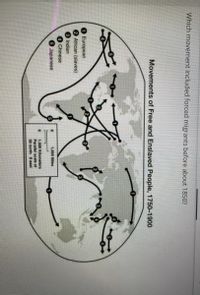 Which movement included forced migrants before about 1850?
Movements of Free and Enslaved People, 1750-1900
European
African (slaves)
3 Indian
Chinese
6Japanese
1,000 Miles
1,000 Kilometers
Parallel scale at
30 north 0 east
