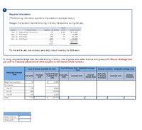 ## Inventory and Financial Analysis using Weighted-Average Cost

### Required Information
The following information details the inventory transactions for Glasgow Corporation throughout the year:

| Date       | Transaction            | Number of Units | Cost per Unit ($) | Total Cost ($) |
|------------|------------------------|-----------------|-------------------|----------------|
| Jan. 1     | Beginning Inventory    | 56              | 51                | 2,856          |
| Apr. 7     | Purchase               | 126             | 54                | 6,804          |
| Jul. 16    | Purchase               | 216             | 53                | 11,448         |
| Oct. 06    | Purchase               | 116             | 55                | 6,380          |
| **Total**  |                        | **514**         |                   | **27,488**     |

For the entire year, the company sells 442 units of inventory at $66 each.

### Financial Calculation Task
Using the weighted-average cost method, compute the following:

1. Ending inventory
2. Cost of goods sold (COGS)
3. Sales revenue
4. Gross profit

(Round "Average Cost per unit" to four decimal places and all other answers to the nearest whole number.)

### Weighted-Average Cost Calculation

#### Cost of Goods Available for Sale
- **Number of Units**: 514
- **Cost of Goods Available for Sale**: $27,488

#### Cost of Goods Sold - Weighted Average Cost
- **Number of Units Sold**: 442 

#### Ending Inventory - Weighted Average Cost
- **Number of Units in Ending Inventory**: 72

**Tables for Calculation:**
- **Weighted Average Cost per Unit**: Not directly provided; requires calculation from total cost divided by total units.
  
The table below shows the breakdown of calculations, including cost per unit and total costs for both goods sold and ending inventory.

| Description                | Number of Units | Cost per Unit ($) | Total Cost ($) |
|----------------------------|-----------------|-------------------|----------------|
| **Cost of Goods Available**| 514             |                   | 27,488         |
| **Cost of Goods Sold**     | 442             |                   |                |
| **Ending Inventory**       | 72              |                   |                |

### Sales Revenue and Gross Profit Calculation

- **Sales Revenue**: To be calculated by