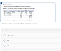 ### Required Information

*(The following information applies to the questions displayed below)*

Glasgow Corporation has the following inventory transactions during the year:

| Date      | Transaction          | Number of Units | Unit Cost | Total Cost |
|-----------|----------------------|-----------------|-----------|------------|
| Jan. 1    | Beginning Inventory  | 56              | $4        | $ 2,688    |
| Apr. 7    | Purchase             | 106             | $5        | $ 530      |
| July 15   | Purchase             | 286             | $6        | $1,716     |
| Oct. 6    | Purchase             | 116             | $8        | $ 928      |
|           |                      | **554**         |           | **$5,070** |

For the entire year, the company sells 442 units of inventory for $66 each.

### Question 4

Determine which method will result in higher profitability when inventory costs are rising.

#### Multiple Choice

- ( ) Weighted-average
- ( ) FIFO
- ( ) LIFO

### Explanation

This table presents the inventory transactions of Glasgow Corporation over a year, detailing the number of units purchased, unit cost, and total cost for each transaction. The overall total cost and units are also summarized.

The question asks which inventory costing method—Weighted-average, FIFO (First-In, First-Out), or LIFO (Last-In, First-Out)—leads to higher profitability when inventory costs are rising. This is an essential consideration in accounting and finance, influencing financial statements and tax obligations.