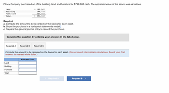 Pitney Company purchased an office building, land, and furniture for $798,600 cash. The appraised value of the assets was as follows.
Land
Building
Furniture
Total
Required
a. Compute the amount to be recorded on the books for each asset.
b. Show the purchase in a horizontal statements model.
c. Prepare the general journal entry to record the purchase.
$ 169,942
196,775
527,715
$ 894,432
Complete this question by entering your answers in the tabs below.
Required A Required B Required C
Compute the amount to be recorded on the books for each asset. (Do not round intermediate calculations. Round your final
answers to nearest whole dollar.)
Land
Building
Furniture
Total
Allocated Cost
< Required A
Required B >