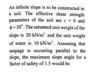 A 10 m high slope of dry clay soil unit weight = 20KN/m3, with a