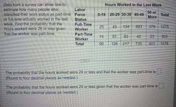 Data from a survey can allow one to
estimate how many people who
classified their work status as part-time
or full-time actually worked in the last
week. Find the probability that the
hours worked were 29 or less given
that the worker was part-time.
Labor
Force
Status
Full-Time
Worker
Part-Time
Worker
Total
0-19 20-29 30-39 40-49
25
Hours Worked in the Last Week
50 or
More
74
99
45 134 693 378 1275
Total
81 83 42
23
303
126 217 735 401 1578
The probability that the hours worked were 29 or less and that the worker was part-time is
(Round to four decimal places as needed.)
The probability that the hours worked were 29 or less given that the worker was part-time is
(Round to four decimal places as needed.)