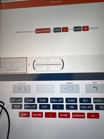 4:31 PM
Time's Up!
What is the mass in grams of KBr in 0.400
STARTING AMOUNT
X
ADD FACTOR
8.43 x 10²² 0.350
39.10
g KBr
3
9.60 x 10-³
0.140
mol KBr
5.47
7.09 x 102⁰
1
L
L
of a 0.350
ANSWER
M KBr
0.400
136
M solution?
RESET
5
16.7
1.18 x 10-³
g KBr/mol
6.022 X
119
mL