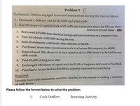 **Problem 1**

The Westside Deli has engaged in several transactions during the year as follows:

1. Purchased a delivery van for $15,000 and paid cash.
2. Sold 100 shares of capital stock with a $5 par value per share for $10 per share.
3. Borrowed $15,000 from the local savings and loan institution on a long-term basis.
4. Paid dividends of $10,000 during the year.
5. Sold investments, with a book value of $8,000, for $6,000.
6. Purchased short-term investments (stock in a Fortune 500 company) for $4,500.
7. Repurchased fifty shares of its own capital stock for $300. Stock is to be held for possible resale.
8. Paid $5,600 of long-term debt.
9. Exchanged 100 shares of capital stock for $1,000 of long-term debt owed to First Bank.
10. Purchased vacant land for $10,000 for potential expansion two years hence.

**Required:**

Identify how each transaction would be classified for the purpose of creating a statement of cash flows.

**Please follow the format below to solve the problem:**

1. Cash Outflow
2. Investing Activity