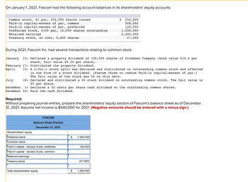 On January 1, 2021, Fascom had the following account balances in its shareholders' equity accounts.
Common stock, $1 par, 254,000 shares issued
Paid-in capital-excess of par, common
Paid-in capital-excess of par, preferred
Preferred stock, $100 par, 12,000 shares outstanding
Retained earnings
Treasury stock, at cost, 5,400 shares
During 2021, Fascom Inc. had several transactions relating to common stock.
January 15: Declared a property dividend of 100,000 shares of Slowdown Company (book value $10.4 per
share, fair value $9.20 per share).
February 17: Distributed the property dividend.
April
10:
A 2-for-1 stock split was declared and distributed on outstanding common stock and effected
in the form of a stock dividend. (Fascom chose to reduce Paid-in capital-excess par. )
The fair value of the stock was $4 on this date.
18: Declared and distributed a 4% stock dividend on outstanding common stock. The fair value is
$5 per share.
July
December 1: Declared a 50 cents per share cash dividend on the outstanding common shares.
December 20: Paid the cash dividend.
FASCOM
Balance Sheet (Partial)
December 31, 2021
Required:
Without preparing journal entries, prepare the shareholders' equity section of Fascom's balance sheet as of December
31, 2021. Assume net income is $540,000 for 2021. (Negative amounts should be entered with a minus sign.)
Shareholders' equity
Preferred stock
Common stock
Paid-in capital - excess of par, preferred
Paid-in capital - excess of par, common
Retained earnings
Treasury stock
Total shareholders' equity
$ 1,200,000
$ 254,000
508,000
120,000
120,000
1,200,000
2,400,000
27,000
(27,000)
$ 1,293,000