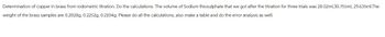 Determination of copper in brass from iodometric titration. Do the calculations. The volume of Sodium thiosulphate that we got after the titration for three trials was 28.02ml, 30.755ml, 29.635ml.The
weight of the brass samples are 0.2028g, 0.2252g, 0.2104g. Please do all the calculations, also make a table and do the error analysis as well.
