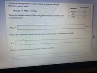 Consider the decomposition of a metal oxide to its elements, where M
represents a generic metal.
Substance
AG°r(kJ/mol)
M,0,(s) = 3 M(s) + 20,(g)
M3O4(s)
-6.50
What is the standard change in Gibbs energy for the reaction, as written, in the
M(s)
forward direction?
O2(g)
kJ/mol
drea
What is the equilibrium constant of this reaction, as written, in the forward direction at 298 K?
K =
What is the equilibrium pressure of O2(g) over M(s) at 298 K?
atm
Po, =
